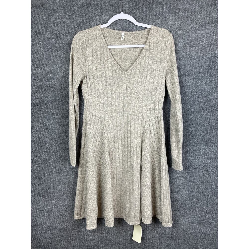 Ribbed Knit V Neck‎ Long Sleeve Large Flare Mini Casual Dress